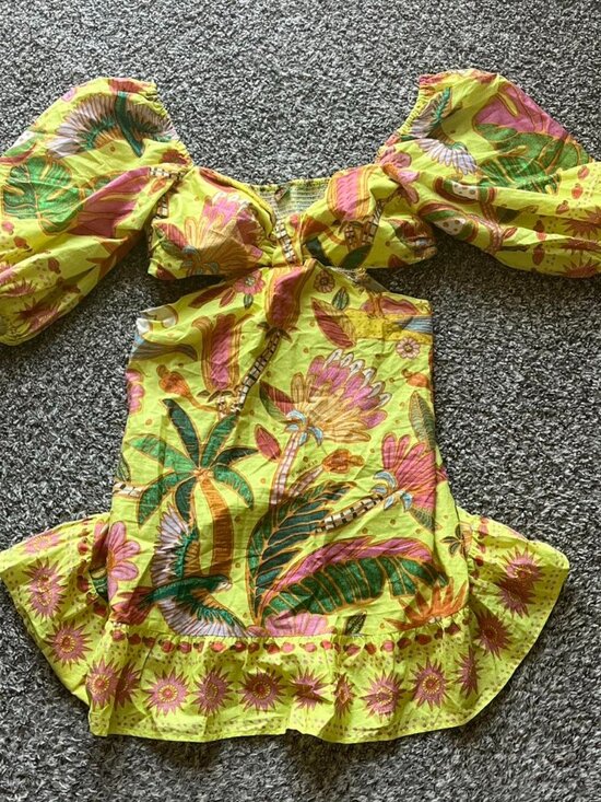 FARM Rio Dresses & Skirts - Farm Rio Mini Dress Small Yellow Summer Tropical Vacation Off the Shoulder Girly
